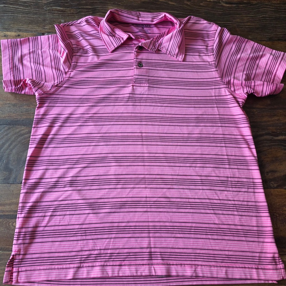 Tehama Mens Pink Striped Golf Polo Shirt Short Sleeve‎ Medium